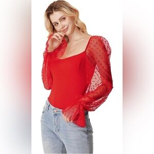 WDIRARA Polka Dots Sheer Dobby Mesh Square Neck Long Sleeve Skinny Bodys…